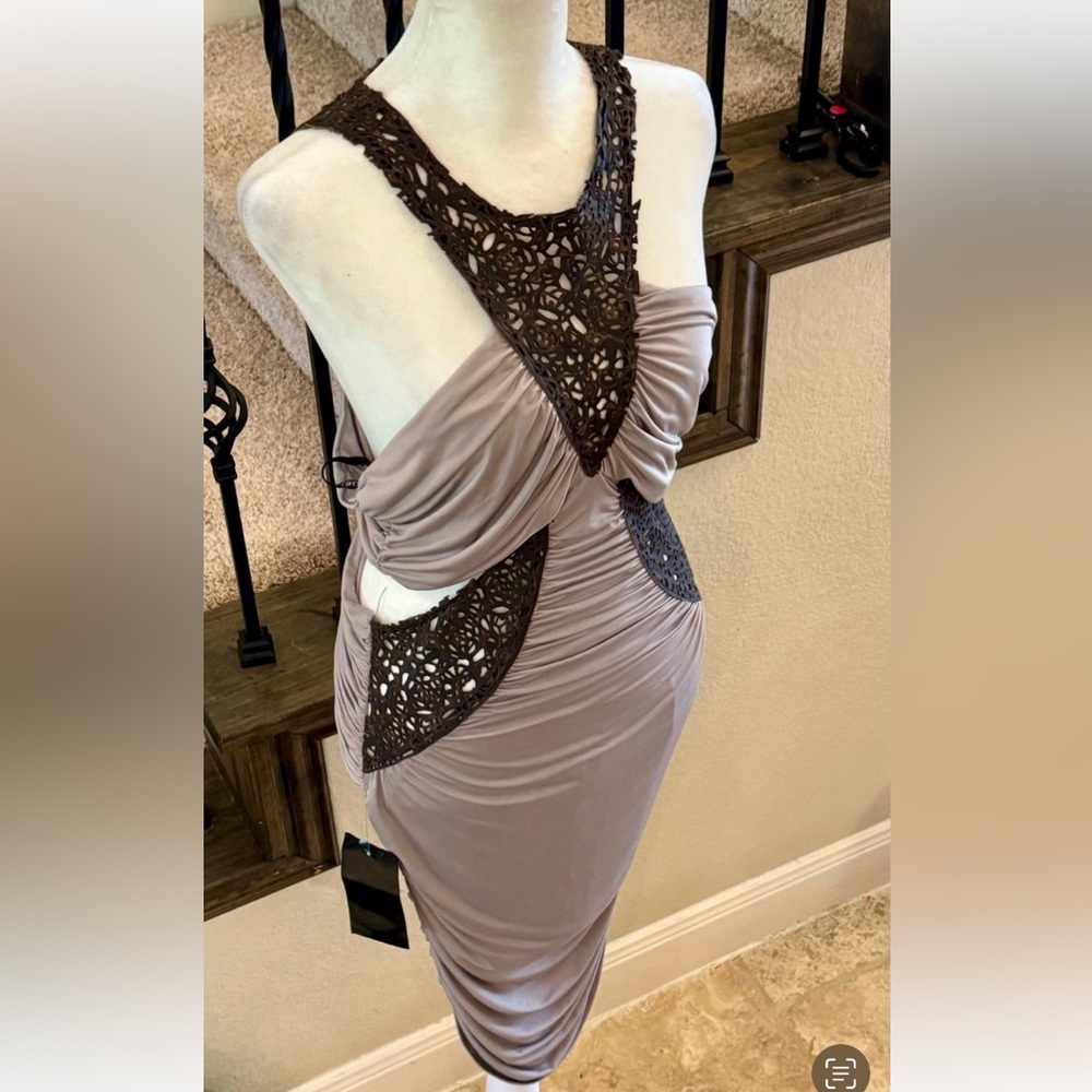Bebe New Elegant leather Lace-Accented Dress in Taupe. Sz L